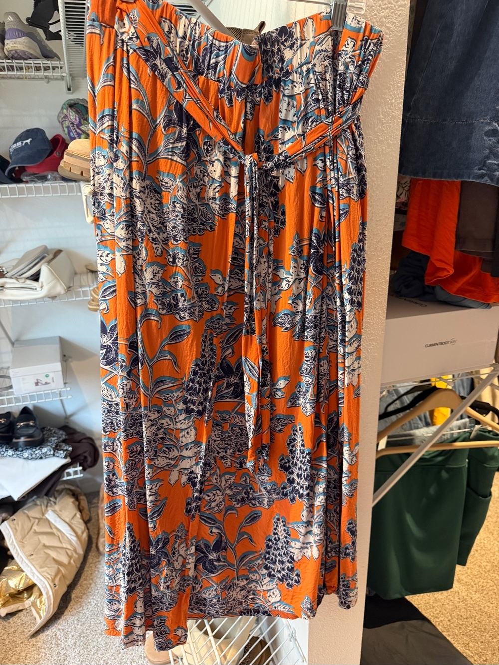 CAbi Orange Floral Maxi Skirt with Navy and White Print